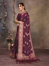Dista Elora Magenta Pink Fendi Satin Silk Banarasi Jacquard Butta Work Saree With Woven Designed Border, view 2