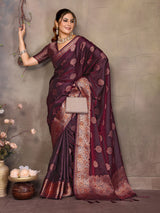 Dista Elora Magenta Pink Fendi Satin Silk Banarasi Jacquard Butta Work Saree With Woven Designed Border, view 3