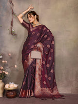 Dista Elora Magenta Pink Fendi Satin Silk Banarasi Jacquard Butta Work Saree With Woven Designed Border, view 4