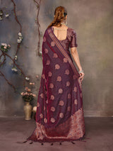 Dista Elora Magenta Pink Fendi Satin Silk Banarasi Jacquard Butta Work Saree With Woven Designed Border, view 5