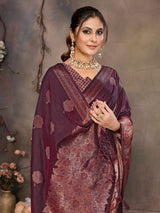 Dista Elora Magenta Pink Fendi Satin Silk Banarasi Jacquard Butta Work Saree With Woven Designed Border, view 6