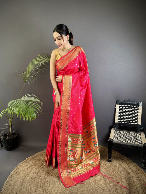 Dista Elora Magenta Pink Soft Lichi Silk Butti Meenakari Work Paithani Saree