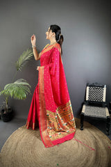 Dista Elora Magenta Pink Soft Lichi Silk Butti Meenakari Work Paithani Saree, view 2