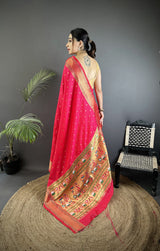 Dista Elora Magenta Pink Soft Lichi Silk Butti Meenakari Work Paithani Saree, view 3