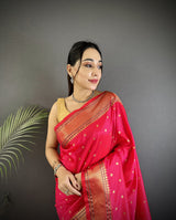 Dista Elora Magenta Pink Soft Lichi Silk Butti Meenakari Work Paithani Saree, view 4