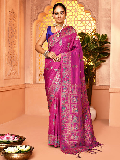 Dista Elora Magenta Pure Soft Silk Baluchari Weaving Saree