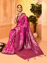 Dista Elora Magenta Pure Soft Silk Baluchari Weaving Saree, view 3