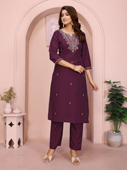 Dista Elora Magenta Roman Floral Embroidery Straight Notch Neck Kurta Set