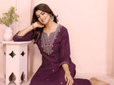 Dista Elora Magenta Roman Floral Embroidery Straight Notch Neck Kurta Set, view 5