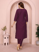 Dista Elora Magenta Roman Floral Embroidery Straight Notch Neck Kurta Set, view 6
