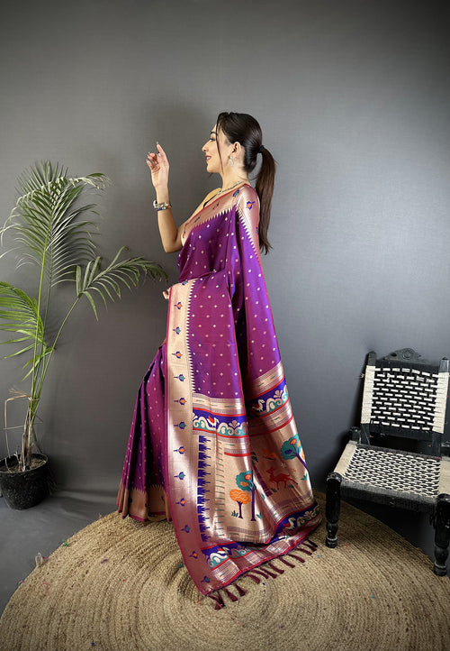 Dista Elora Magenta Soft Lichi Silk Peacock & Floral Motifs Jacquard Kanchipuram Saree