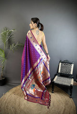 Dista Elora Magenta Soft Lichi Silk Peacock & Floral Motifs Jacquard Kanchipuram Saree, view 2