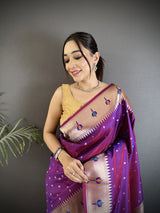 Dista Elora Magenta Soft Lichi Silk Peacock & Floral Motifs Jacquard Kanchipuram Saree, view 3