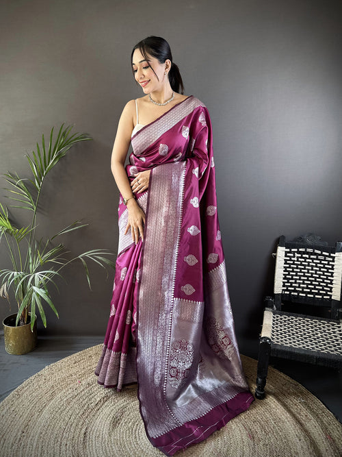 Dista Elora Magenta Soft Silk Floral Motifs Banarasi Saree
