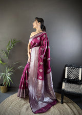 Dista Elora Magenta Soft Silk Floral Motifs Banarasi Saree, view 2