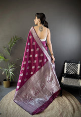 Dista Elora Magenta Soft Silk Floral Motifs Banarasi Saree, view 3