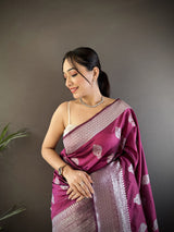 Dista Elora Magenta Soft Silk Floral Motifs Banarasi Saree, view 4