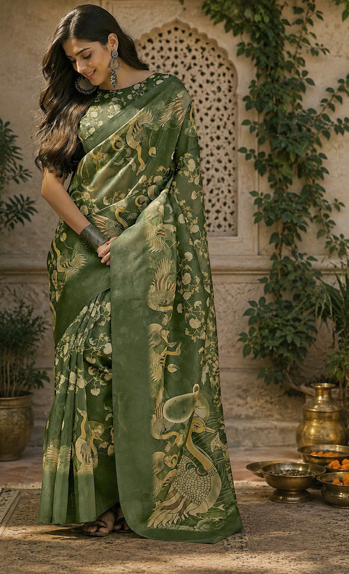 Dista Elora Mahendi Green Linen Floral Motifs Digital Print Bollywood Saree