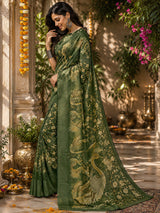 Dista Elora Mahendi Green Linen Floral Motifs Digital Print Bollywood Saree, view 2