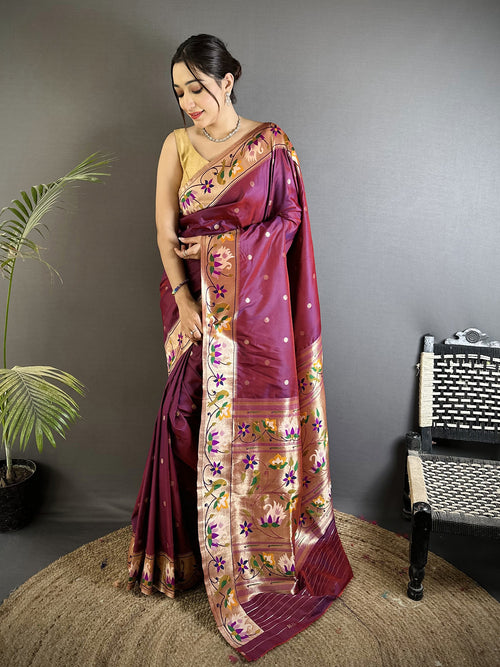 Dista Elora Maroon Lichi Silk Floral & Meena Weaving Zari Worked Paithani Saree