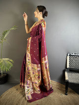 Dista Elora Maroon Lichi Silk Floral & Meena Weaving Zari Worked Paithani Saree, view 2