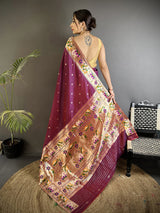 Dista Elora Maroon Lichi Silk Floral & Meena Weaving Zari Worked Paithani Saree, view 3