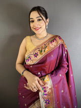 Dista Elora Maroon Lichi Silk Floral & Meena Weaving Zari Worked Paithani Saree, view 4