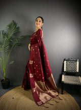 Dista Elora Maroon Lichi Silk Flower Zari Weaving Banarasi Saree, view 2