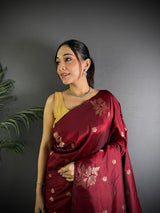 Dista Elora Maroon Lichi Silk Flower Zari Weaving Banarasi Saree, view 3
