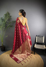 Dista Elora Maroon Lichi Silk Flower Zari Weaving Banarasi Saree, view 4