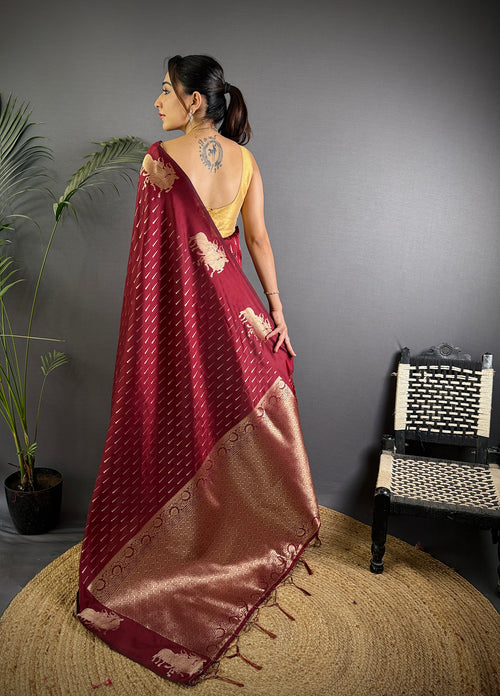 Dista Elora Maroon Lichi Silk Striped Jacquard Zari Weaving Banarasi Saree