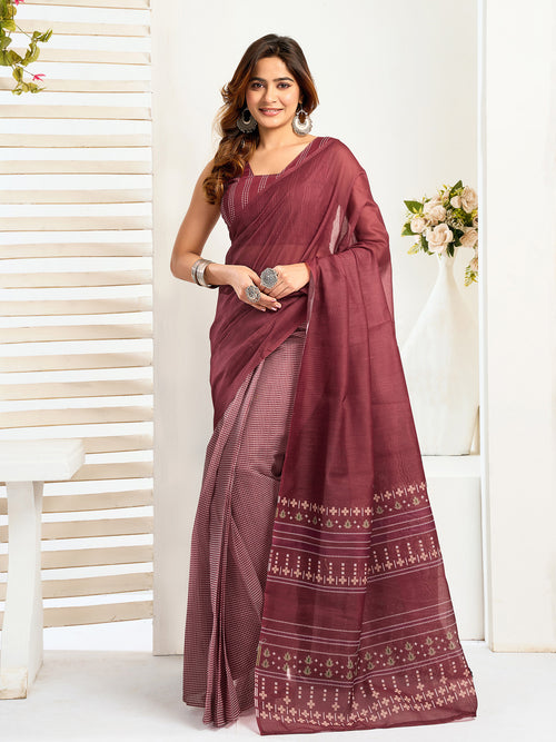 Dista Elora Maroon Linen Ethnic Motifs Printed Ready To Wear Saree With Pocket