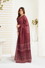 Dista Elora Maroon Linen Ethnic Motifs Printed Ready To Wear Saree With Pocket, view 2