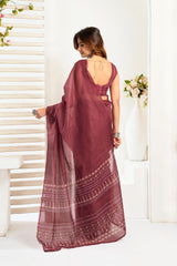 Dista Elora Maroon Linen Ethnic Motifs Printed Ready To Wear Saree With Pocket, view 3