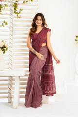 Dista Elora Maroon Linen Ethnic Motifs Printed Ready To Wear Saree With Pocket, view 6