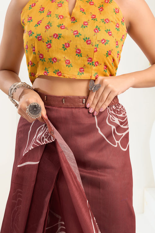 Dista Elora Maroon Linen Floral Printed Ready To Wear Saree