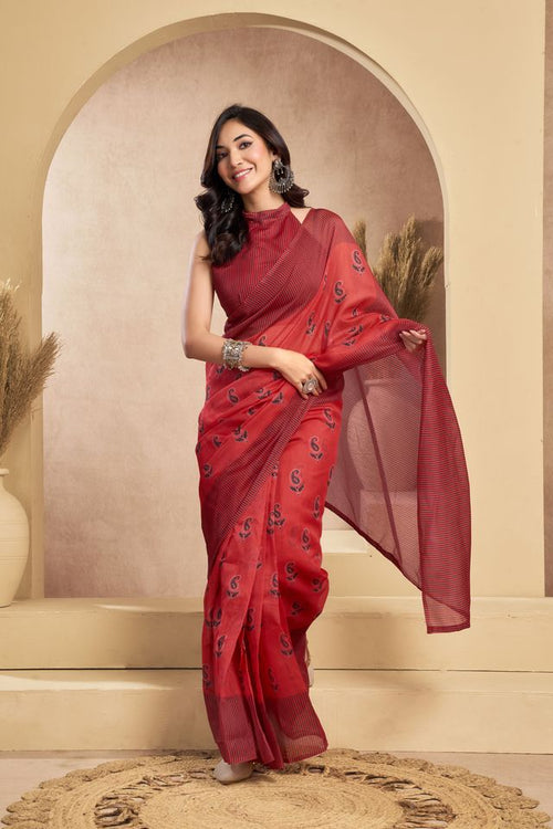 Dista Elora Maroon Linen Paisley Printed Ready To Wear Saree