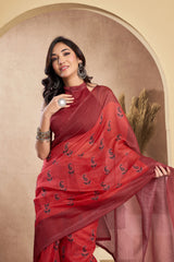 Dista Elora Maroon Linen Paisley Printed Ready To Wear Saree, view 2