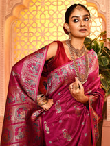 Dista Elora Maroon Pure Soft Silk Baluchari Weaving Saree, view 3