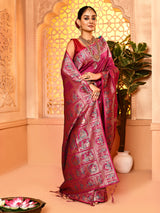 Dista Elora Maroon Pure Soft Silk Baluchari Weaving Saree, view 4