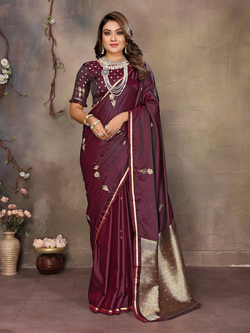 Dista Elora Maroon Satin Silk Floral & Botanical Motifs Zari Woven Banarasi Saree