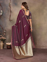 Dista Elora Maroon Satin Silk Floral & Botanical Motifs Zari Woven Banarasi Saree, view 3