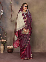 Dista Elora Maroon Satin Silk Floral & Botanical Motifs Zari Woven Banarasi Saree, view 4