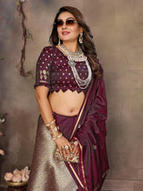 Dista Elora Maroon Satin Silk Floral & Botanical Motifs Zari Woven Banarasi Saree, view 5