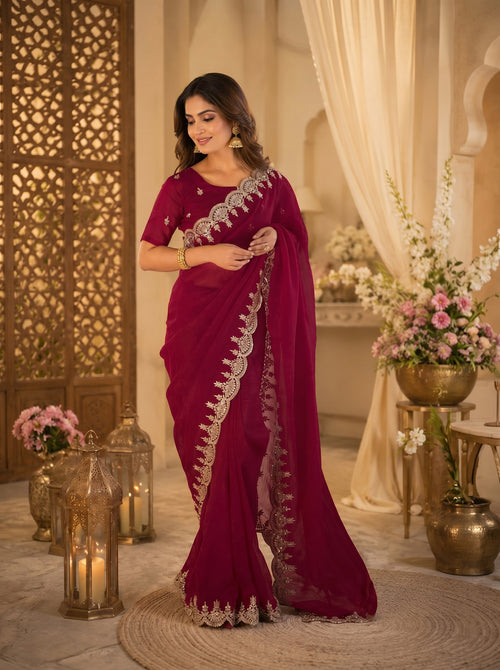 Dista Elora Maroon Shimmer Chiffon Plain/Solid Scalloped Edge Embroidered Border Bollywood Saree