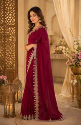 Dista Elora Maroon Shimmer Chiffon Plain/Solid Scalloped Edge Embroidered Border Bollywood Saree, view 2