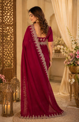 Dista Elora Maroon Shimmer Chiffon Plain/Solid Scalloped Edge Embroidered Border Bollywood Saree, view 3