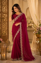 Dista Elora Maroon Shimmer Chiffon Plain/Solid Scalloped Edge Embroidered Border Bollywood Saree, view 4