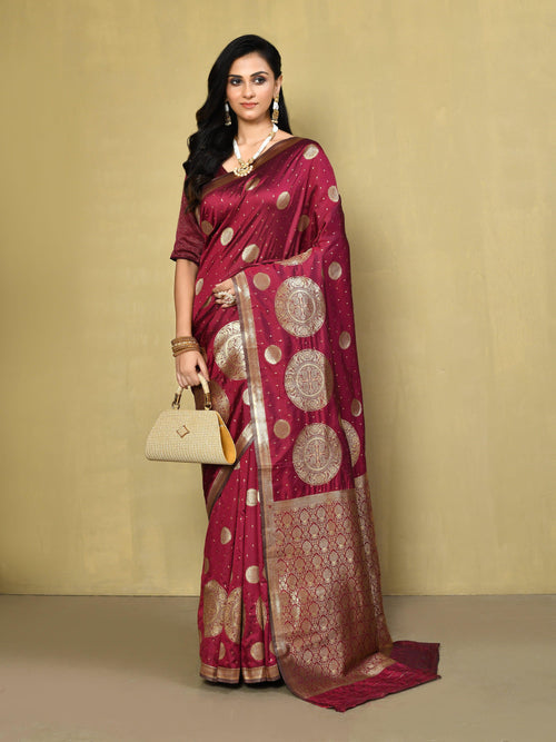 Dista Elora Maroon Silk Blend Banarasi Woven Saree For Women