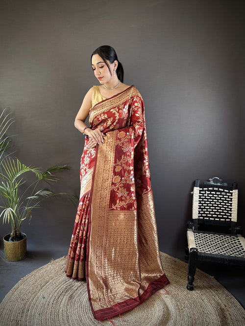 Dista Elora Maroon Soft Banarasi Silk Floral & Ethnic Motifs Meenakari Zari Weaving Banarasi Saree